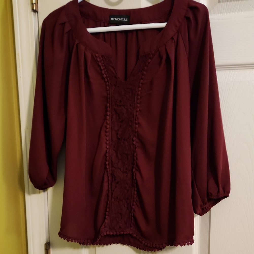 My Michelle Deep Red Blouse with Lace Detail